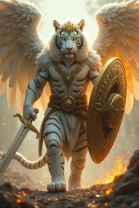 A white tiger with green eyes , with a sword in his right hand and a golden shield in his left hand with wings on his back , with a diamond crown , Fire of the paws falling and golden water on the shoulders 
Type of the