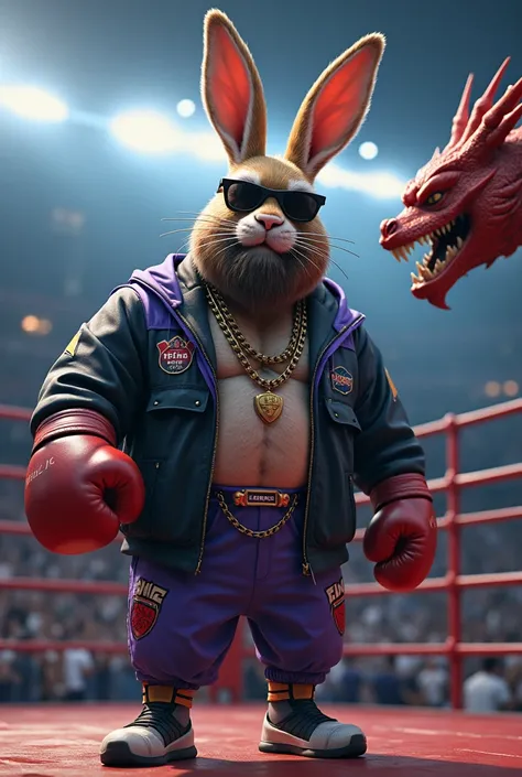 Make me an image of a big fat rabbit with a beard and dark glasses boxer against a dragon  ,   with a windproof jacket and beach clothes and that has a large logo that says  "YUPEE TEAM by bigmike" That the clothes are black and purple  ,  and with a rappe...