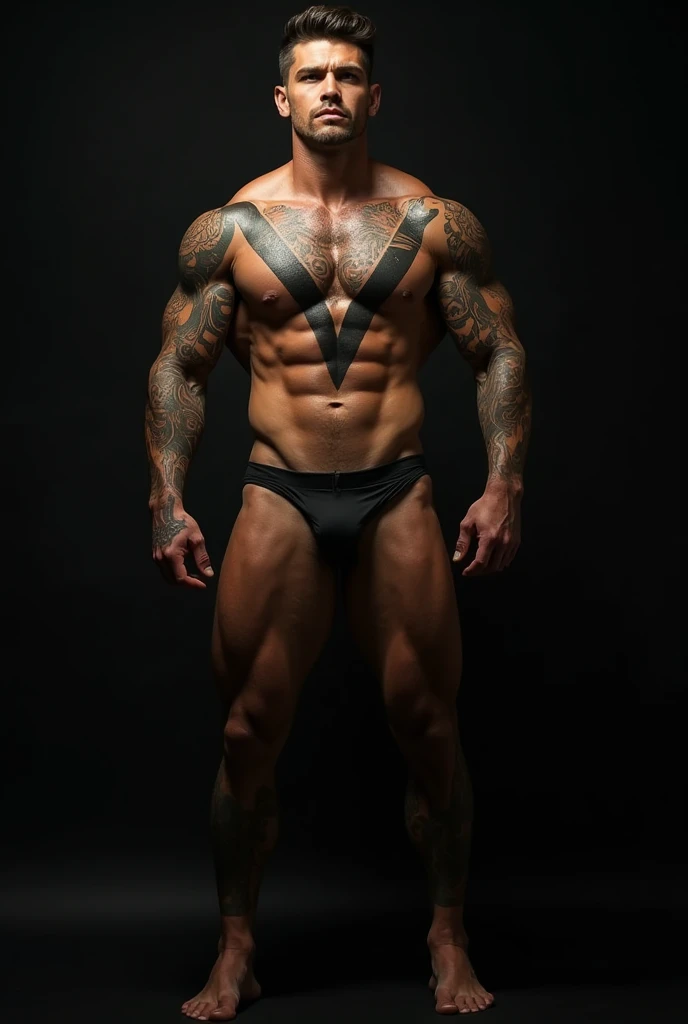 Make a handsome sexy strong man get his V marked and his cock quite big with tall and naked tattoos