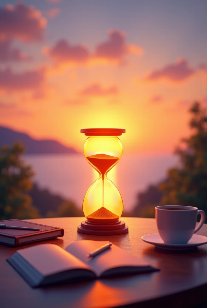 Create a vibrant and motivational image for a Monday morning social media post. The scene features a glowing hourglass in the center, symbolizing the value of time, surrounded by soft golden light. In the background, show a serene sunrise over a calm horiz...