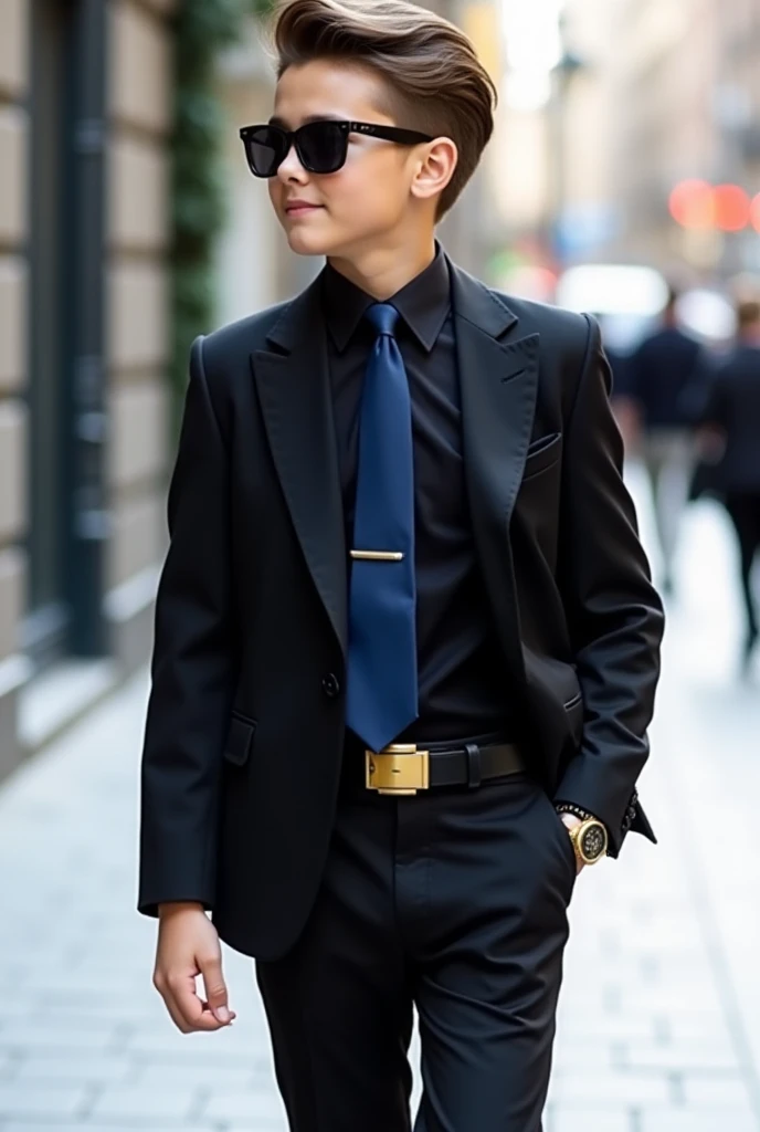  The image shows a boy dressed in a very elegant and stylish way .  He is wearing a sophisticated suit with a black blazer over a black shirt,  matching black pants ,wearing a gold watch on the left arm. His look is complemented by a blue tie  , and a belt...