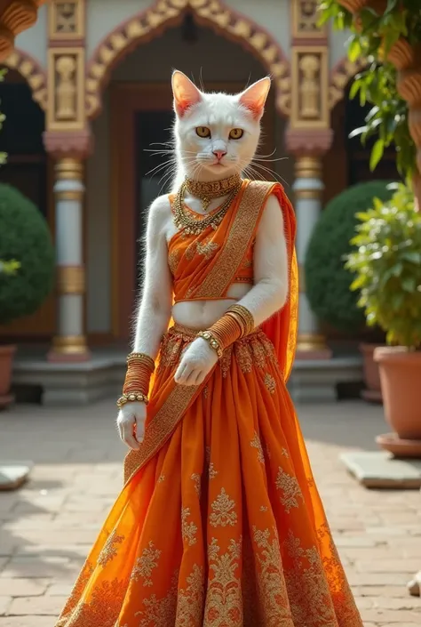 A stylish white cat in an orange lehenga with golden floral patterns, with beautiful matching bangles and a nose ring, standing in a temple courtyard.runway