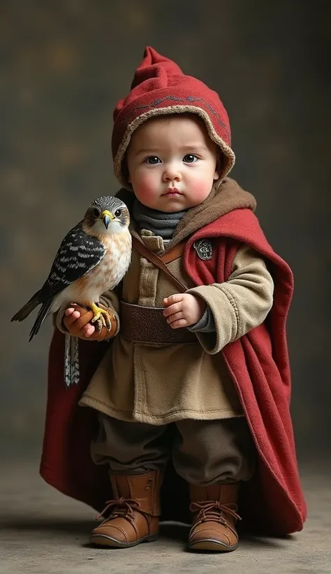 Bébé fauconnier médiéval 👶🦅
Un bébé fauconnier très réaliste,  dressed in medieval dress with a leather glove on which a small, trained falcon rests. Il tient une petite clochette de fauconnier. Serious and noble expression . plein pied, neutral fond.