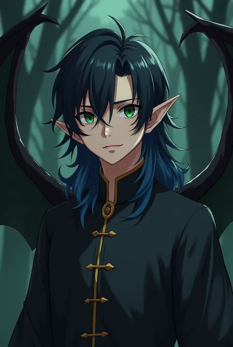  Anime style ,  male adult in his thirties, dark green eyes, black and blue hair , hairstyle medium length wavy hair,  dressed in an old costume , elf-sharp ears, dragon wings are black with dark green inner side, background dark forest.