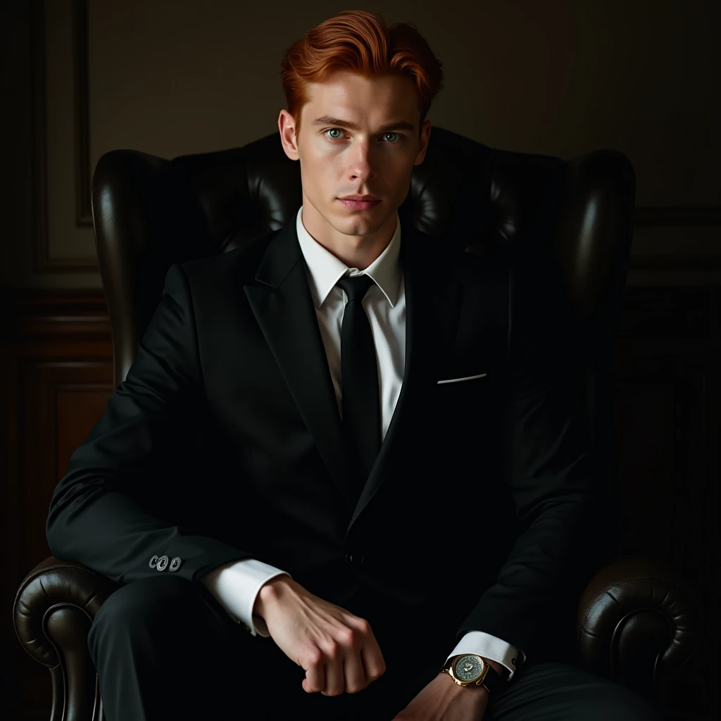 Handsome Redhead man wearing a black suit, photo must show the man's black oxford shoes and black dress socks, mas is sitting on a armchair. 8k photography, ultra realistic. Perfect face.