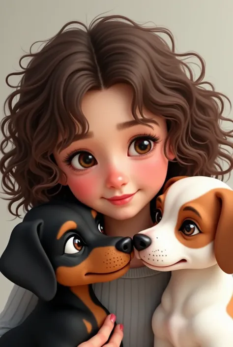 A curly brunette girl with two small dogs next to each other, a black and brown pincher and the other white dog with brown spots