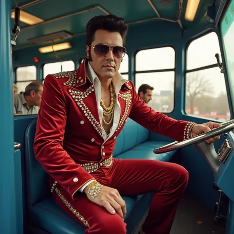 Elvis Presley in sunglasses, red velvet jumpsuit with sparkling diamond and gold jewelry, retro and 50-60s rock and roll hairstyle, he is sitting at the wheel of a modern blue trolleybus, the trolleybus is fully visible with passengers, in digital art styl...