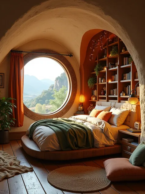 A cozy, magical hobbit-inspired bedroom, seamlessly integrated into the mountain, forming a **warm, circular cocoon** of safety and serenity. The walls are soft, rounded clay in earthy beige and warm terracotta, with **curved wooden bookshelves** built sea...