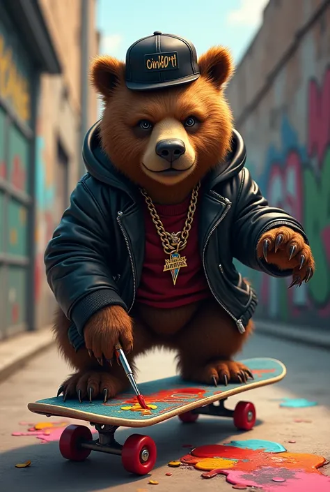 Picture of a bear wearing rapper clothes on a skateboard painting