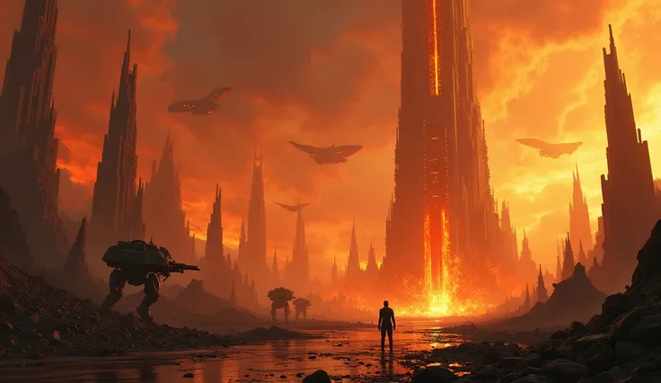 The Thalrek capital world in flames, its grand architecture reduced to rubble. Human war machines patrol the devastated streets, standing amidst the wreckage of alien technology. The horizon is filled with the silhouettes of human ships blocking out the st...