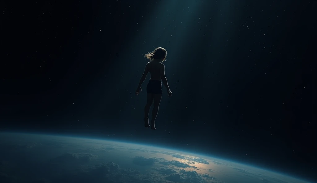 The protagonist is now floating in space, weightless and free. They look down at Earth, which appears small and distant.