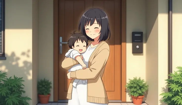 An anime-style illustration of a young Japanese mother with short dark hair, wearing a beige cardigan and a white dress, standing in front of a modern Japanese home with a wooden door and a mailbox. She is smiling gently while holding her baby in her arms....