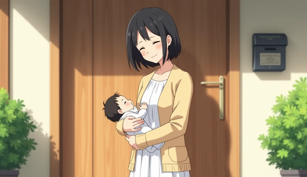 An anime-style illustration of a young Japanese mother with short dark hair, wearing a beige cardigan and a white dress, standing in front of a modern Japanese home with a wooden door and a mailbox. She is smiling gently while holding her baby in her arms....