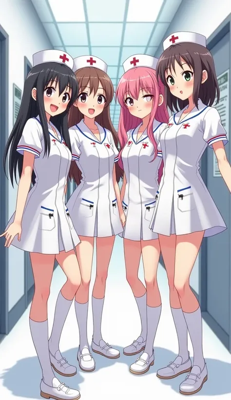 5 anime girls, several young girls, fitted nurse suit.