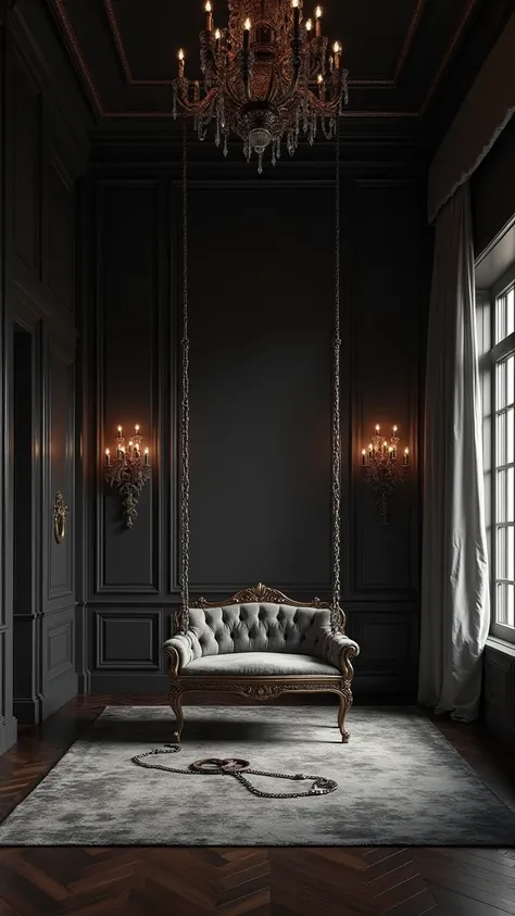 Create a full HD wide angle photo of an upholstered room with a sexy swing and games, handcuffs and chain, 50 Shades of Grey bedroom background