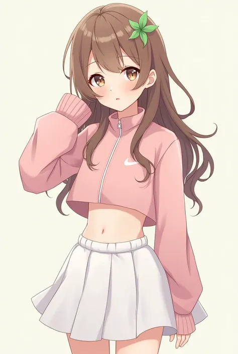 Anime girl with brown hair, loose and long hair and a face made up with a small plant on her head and baby pink pilates clothes with baby pink jacket and short white skirt