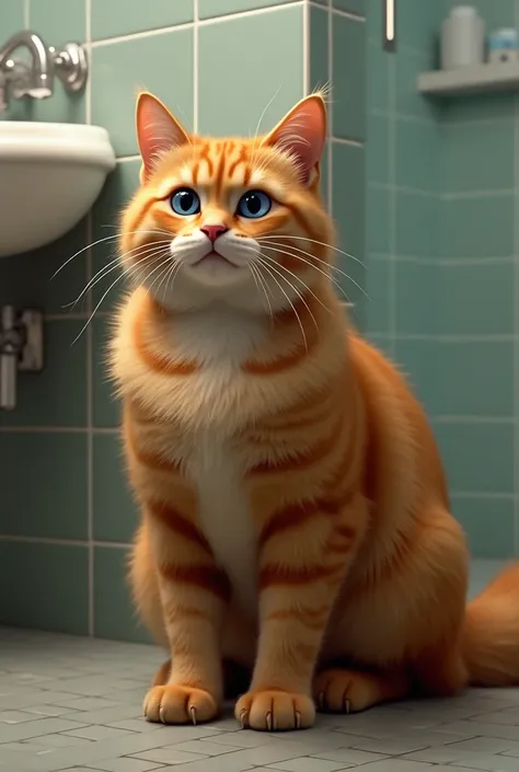 Muscular blue-eyed orange cat in the bathroom realistic scene 