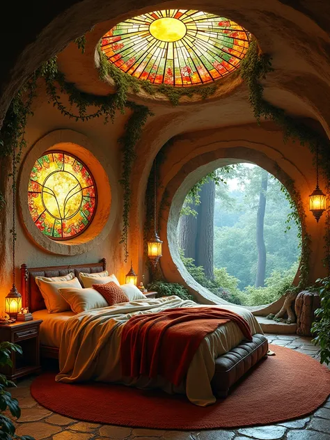 A magical underground bedroom nestled into the roots of an ancient tree, hidden within the cliffside. The room is circular, with walls made of smooth, golden-hued clay and natural wood accents. A large, round stained-glass window depicts a glowing moonlit ...