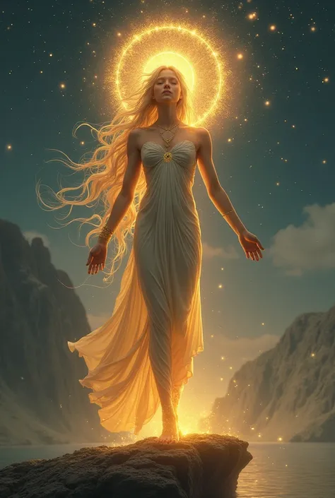 ### ** The goddess in full standing — An image of perfect grace **  
She stands on a ** rock plateau **, ands über einem See aus flüssigem Sternenlicht schwebt. Her Haltung ist aufrecht,  yet relaxed — shoulders slightly back , ands Kinn sanft erhoben,  as...