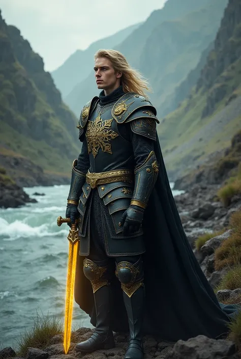 Medieval fantasy king, golden hair, stormy eyes, intricate armor, glowing sword, river battlefield, ASOIAF aesthetic, Arthurian legend, dramatic lighting, young conqueror, black-and-gold heraldry