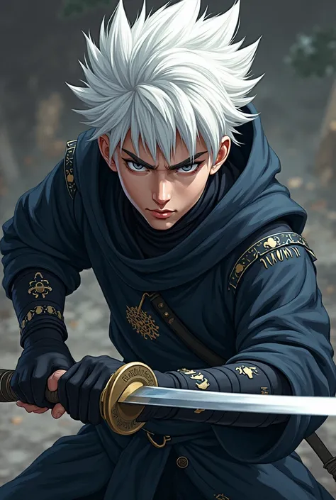  anime-style character, 20-year-old boy,  white hair, with katana and ninja armor