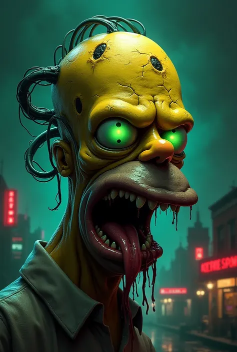 Create a horrifying close-up portrait of Homer Simpson reimagined as a nightmarish entity. His once-lovable face is now distorted with twisted, elongated limbs that contort unnaturally around his head like gnarled roots or sinewy tendrils. His iconic bald ...