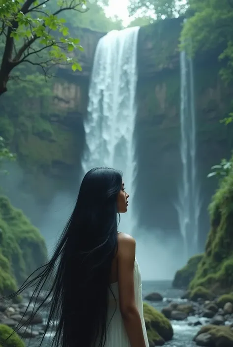 India with straight hair, black and long, at the waterfall 