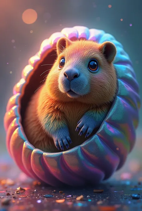 A rainbow capibara that comes out of a rainbow shell 