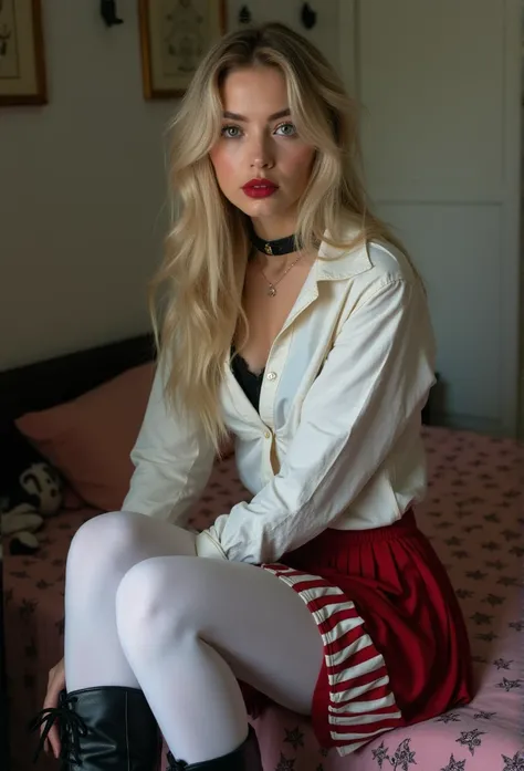  Raissa 18 years old beautiful blonde woman  , Long button down shirt,  Half of the buttons are open ,  Push up bra visible under the top , white cotton stockings, with pleated school uniform skirt in red , white and blue, Tanga de algodón blanco debajo de...