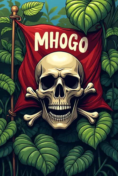 Fait moi un drapeaux de pirate avec un tete de mort et ecrit en gros mhogo avec plein de manioc 