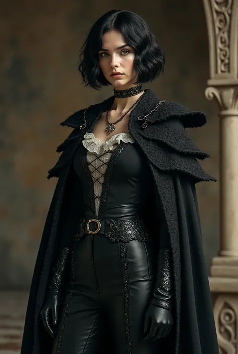   A Targaryen woman  ,  stunning artwork  , of a khls   ,   with period clothing and a Gothic photographic portrait   ,,   silver lace   ,   black gloves .   with wavy black hair  ,   Short haircut ,  Bob style cut , hair divided into two,   vintage clothi...