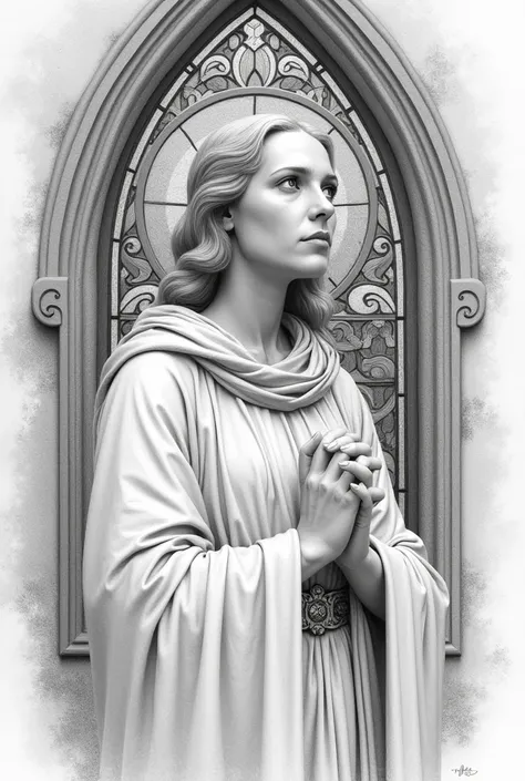 Pencil drawing of a saint looking to the side with an old stained glass window of an older-era church behind the Saint 