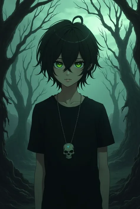 Anime emo boy,  medium length hair, green eyes, plain black t-shirt,  skull necklace , gothic landscape 