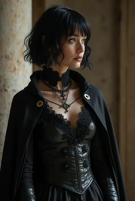  A Targaryen woman , impressive artwork , of a khls  ,  with period clothing and a Gothic photographic portrait  ,,  silver lace  ,  black gauntlets .  with wavy black hair ,  Short haircut ,  Bob style cut , hair divided into two,  vintage clothing style ...