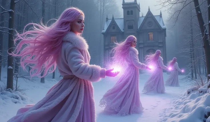 Winter magic. Pretty women with half long pink hair, winter elegant dress and jacket and hoarfrost on skin. artistic. in winter scenery. christmas. Old dark academy in winter forest. Romantic. Witch. Dark. Purple spell