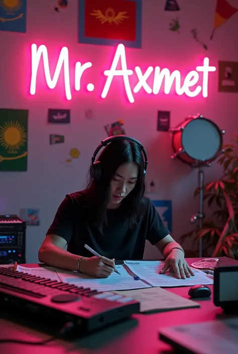 Create a realistic 3D rendering of a 26-year-old Kazakh rapper writing rap lyrics in Oz's room. There should be musical instruments in the room and papers with words on them. The guy should have long black hair and wear headphones in a black T-shirt, the f...