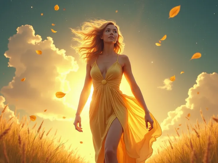 A confident female figure ,  wearing flowing, golden clothing ,  walking on a path of light toward a bright horizon .  The sky is filled with stars and subtle symbols of prosperity ,  like gently falling golden leaves .  Her expression reflects empowerment...