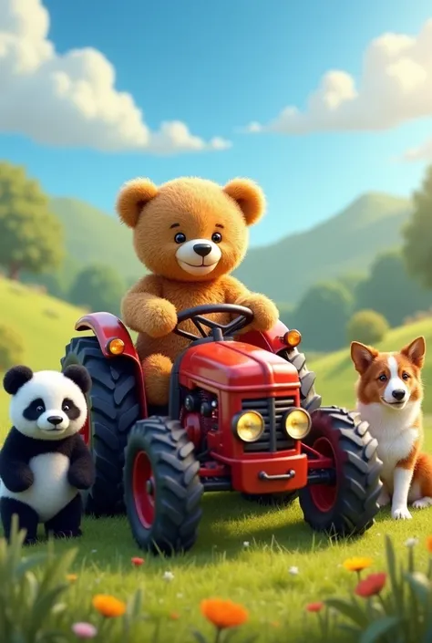 A teddy bear on a tractor, And next to the tractor a panda and brown and white Border Collie dog 