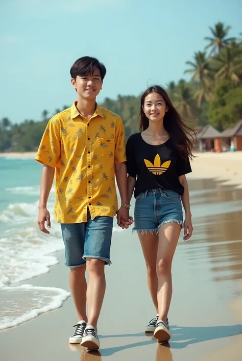 Fullbody photogenik displays a 20 year old photo of a handsome Korean young man wearing a yellow patterned shirt and short jeans and sneakers accompanied by a beautiful Korean woman wearing a black shirt with a yellow pattern., with a cheerful atmosphere, ...