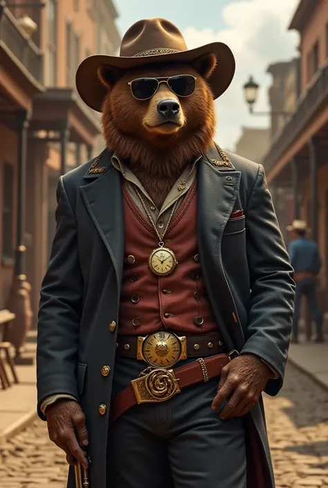 A bear with the body of a warrior wearing sunglasses, cowboy hat and boots, wearing an elegant costume with a gold cord around the neck and a gold ring on the finger., a pistol around the waist a chain with a pocket watch on the streets of the Old West. 