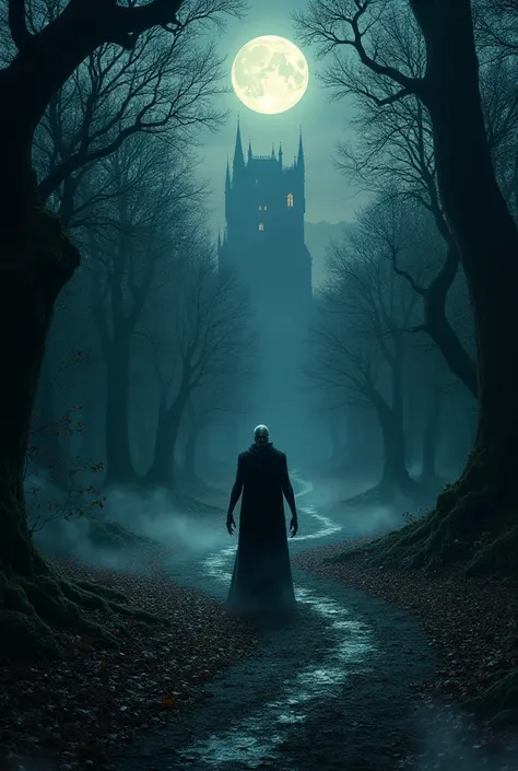 Nosferatu at a crossroads in a night forest with a full moon and castle in the background