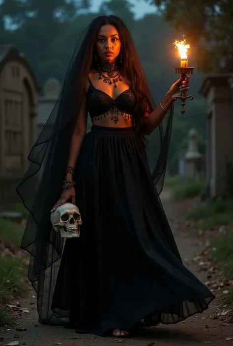 She is Maria Padilha das Almas, entity of umbanda.  she's brown , Your hair são cacheados, blacks,  almost up to the waist . Your face is so beautiful, Like brown women in Brazil. She's walking in the cemetery, Between the Tombs ,  holding a black candle ,...