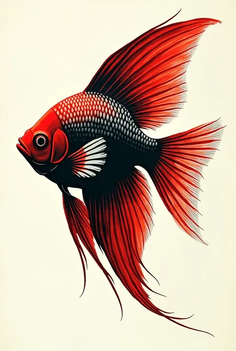 Make it in the style of printmaking a pterophyllum fresh water angelfish with a combination of red colors, white, and black