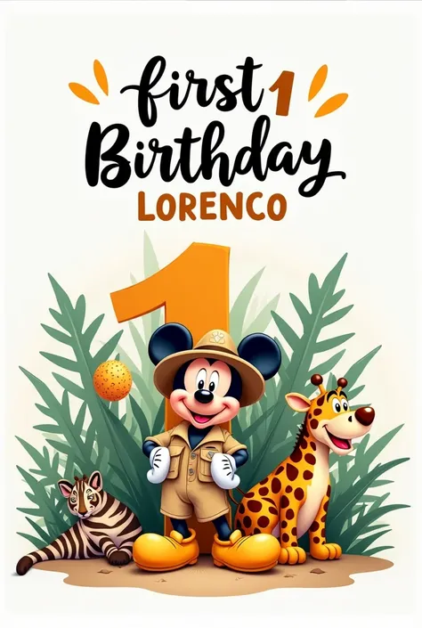 On a white background place the Mickey Safari next to the number one with the Safari theme and jungle animals with the text: First birthday Lorenço . This text with the color black Disney font