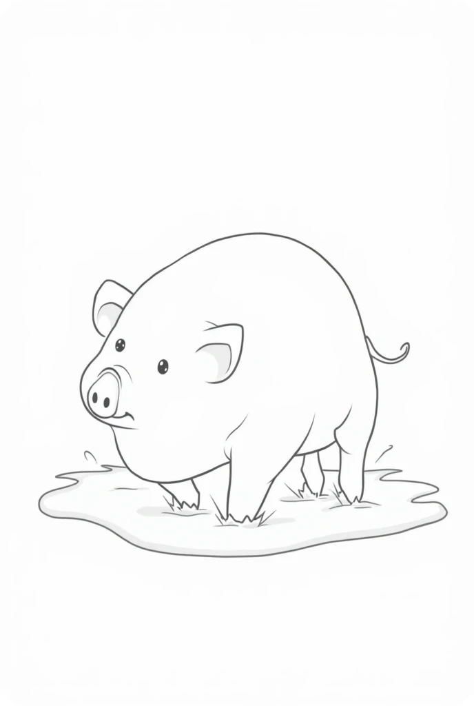 s colouring Page with a pig in a puddle, Black and white, simple line Art style, minimalist drawing, white background - - style raw