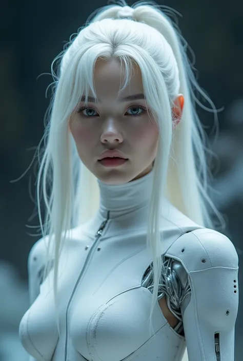 Korean Android + Porcelain Skin + Ghostly Pale Skin + Ethereal Beauty + Otherworldly Beauty + Hauntingly Beautiful + Breathtakingly Gorgeous + White Hair + Long Lustrous White Hair + Angelic Face + Sculpted Face + Sharp Jawline + Slender Physique + Slender...