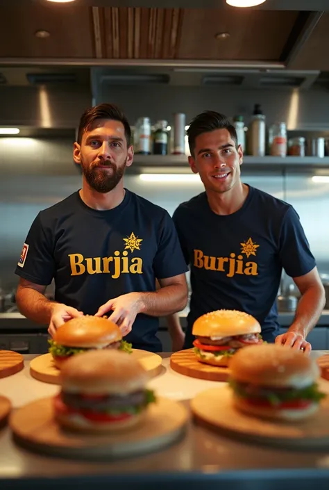 i want messi and ronaldo cook burger in my restaurant. wear my brand name t shirt. my brand name is burjia