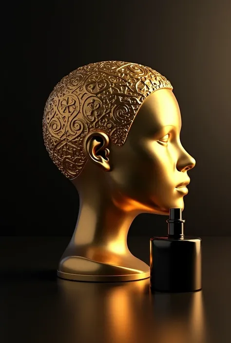 Black perfume and 3D golden head in 360 degrees rotation