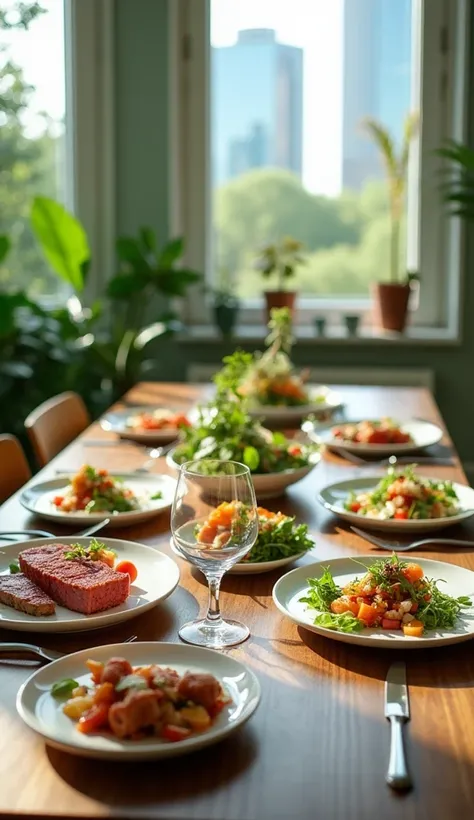 dining table in a futuristic home, featuring sustainable food from the future. The table is set with plates of lab-grown meat, 3D-printed dishes, and hydroponically grown vegetables. The food is visually appealing, and clear labels on the plates show nutri...