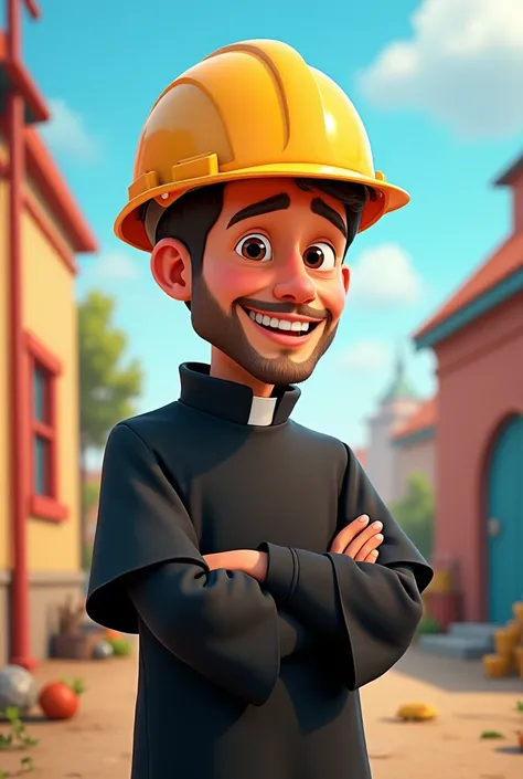 Saint John Bosco wearing a construction helmet and his black cassock in animated cartoon